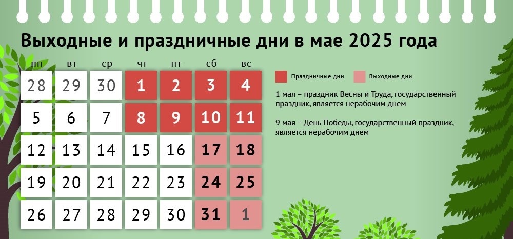 График работы в период майских праздников 2025 г